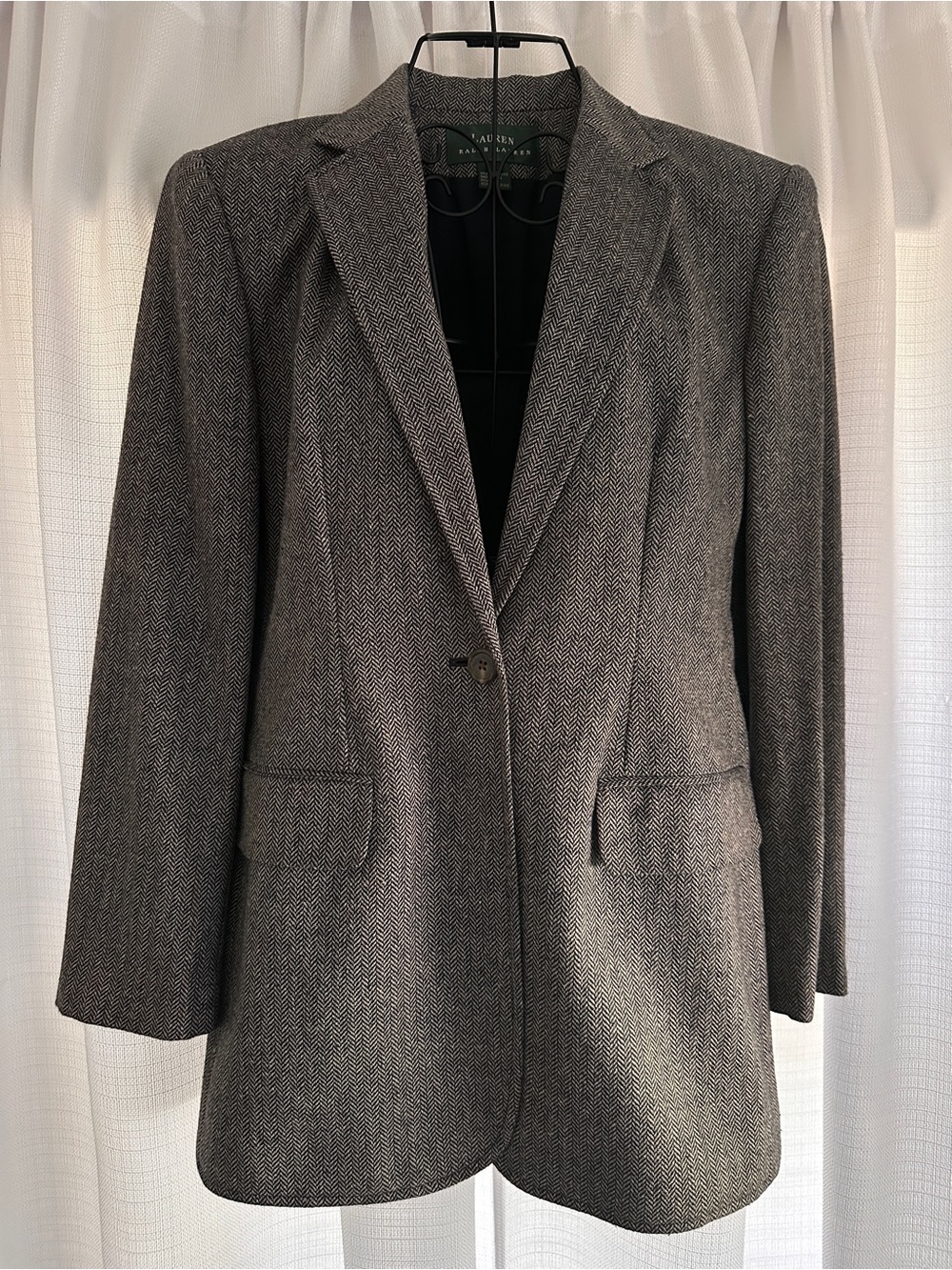 VINTAGE Ralph Lauren Gray Herringbone Single-Button Tailored Wool Blazer - Picture 4 of 13